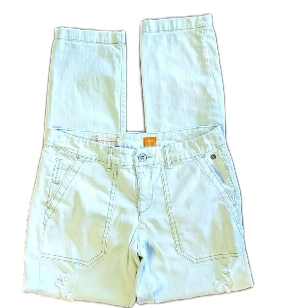 Pilcro and the Letterpress light mint green slim leg distressed pants 27